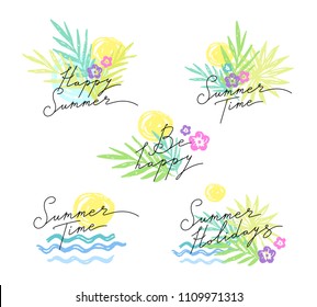 Set of summer emblems with tropic plants and  flowers. Lettering titles  for happy summer and holidays . Hand drawn illustration isolated  on white background