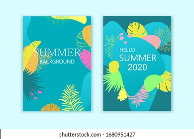 Set of summer exotic backgrounds, cards, brochures, covers. Bright colorful design, trendy style.