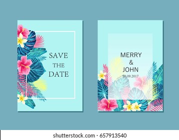 Set of  summer exotic and tropic background card design. Composition with palm leaves. Vector universal background with place for text.