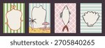 Set of summer exotic vacation whimsical hand-drawn frames with palm and sea, bow aesthetic in trendy, vintage styles. Perfect for quirky holiday, wedding, birthday gift decorations