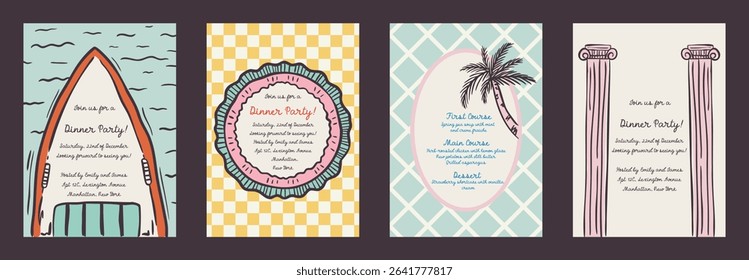 Set of summer exotic vacation whimsical hand-drawn frames with palm and sea, bow aesthetic in trendy, vintage styles. Perfect for quirky holiday, wedding, birthday gift decorations