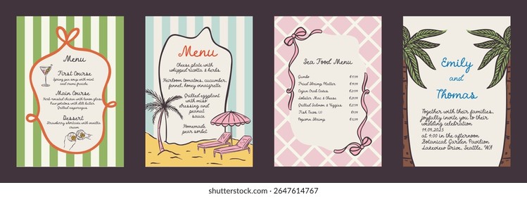 Set of summer exotic vacation whimsical hand-drawn frames with palm and sea, bow aesthetic in trendy, vintage styles. Perfect for quirky holiday, wedding, birthday gift decorations