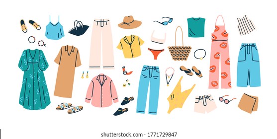 Set of summer fashion clothes vector flat illustration. Collection of trendy clothing for vacation or beach isolated on white. Colored stylish shoes, dress, trousers, shirt, swimsuit and accessories - Shutterstock ID 1771729847