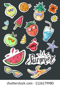 Set of summer fashion patches, fun stickers, cute character badges vector in cartoon style on black background