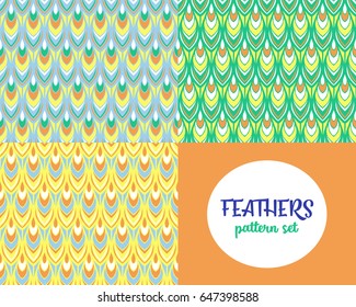 Set of summer feathers patterns vector seamless. Ethnic bird texture. Bright background print for fabric, wallpaper, wrapping paper and boho card template.