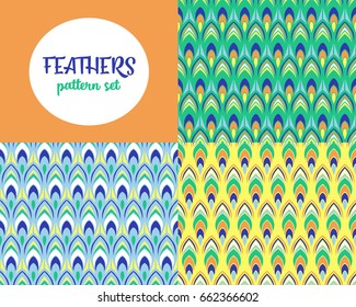 Set of summer feathers patterns vector seamless. Colorful animal texture. Ethnic background print for fabric, wallpaper, wrapping paper and boho card template.