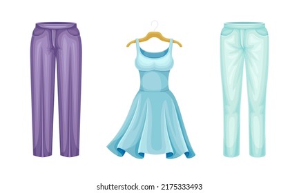 Set of summer female clothes. Fashion dress and pants vector illustration