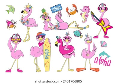 Set of summer flamingos stickers and fish on a white background. Vector cartoon illustration of funny animals