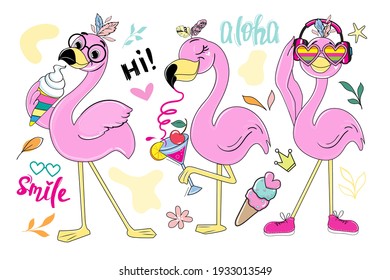 Set of summer flamingos stickers, leaves and lettering smile, aloha. Vector illustration of funny animals for t-shirt.