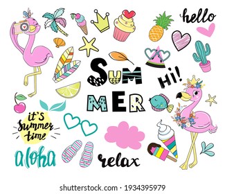 Set of summer flamingos stickers, leaves and summer items. Vector illustration of funny animals for t-shirt