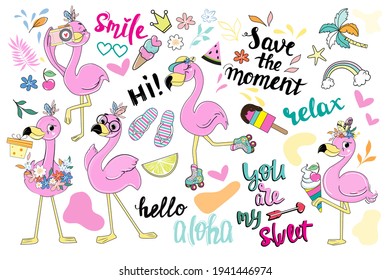 Set of summer flamingos stickers, leaves and abstract shapes. Vector illustration of funny animals.