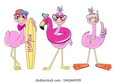 Set of summer flamingos stickers. Vector illustration of funny animals. Design for t-shirts, greeting card