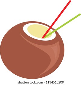 Set of summer flat icons isolated on white background. Coconut milk, coctail