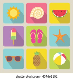 Set of summer flat icons with long shadow. Beach items collection. Watermelon, sea star, ice cream, sunglasses and more. - Vector illustration