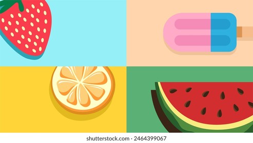 Set of summer flat icons. Watermelon, lemon, ice cream. summer illustration