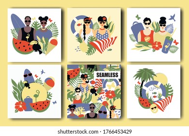 Set of summer flat, vector illustration and seamless pattern, couples of white people, African-Americans, with summer attributes bright, juicy . Theme of summer holidays people, symbolism