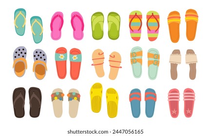 Un conjunto de chanclas de verano .Beach zapatos de verano .Ilustración vectorial aislado sobre un fondo blanco.