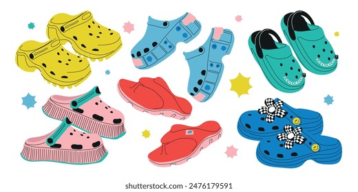 Set of summer flip-flops, clogs. Beach summer shoes. Trendy shoes. Unisex slates. Vector illustration isolated on a white background.	