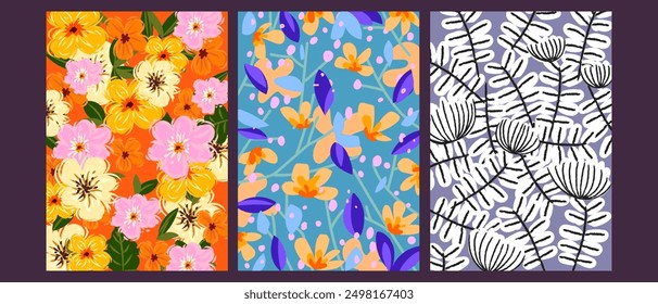Set of summer floral, flowers, plants and branch pattern hand drawn vector design background for textile, fabric, banner.