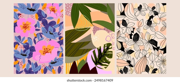 Set of summer floral, flowers, plants and branch pattern hand drawn vector design background for textile, fabric, banner.