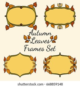 Set of summer floral frames. Decorative elements for greeting card with hand drawn leaves frame. Invitation, save the date, RSVP. Vector illustration 