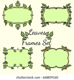 Set of summer floral frames. Decorative elements for greeting card with hand drawn leaves frame. Invitation, save the date, RSVP. Vector illustration 