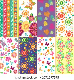 set of summer floral patterns with butterflies and hearts. Seamless colorful backgrounds. Decorative ornament for fabric, textile, wrapping paper. 