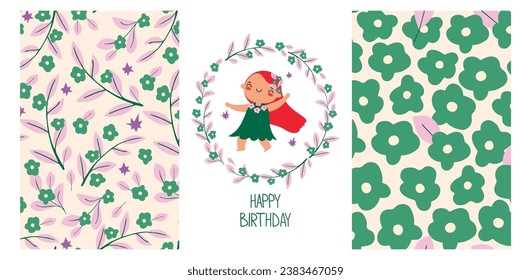 set of summer floral patterns and cute card with floral frame and dancing red-haired girl.  collection  bright prints.vector illustration