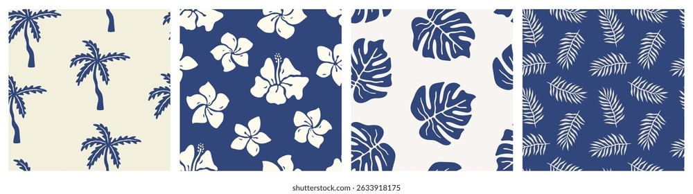 Set of summer floral tropical patterns with palm trees, leaves, flowers