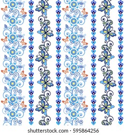 Set of summer flower borders with a butterfly.  Decorative ornament for fabric, textile, wrapping paper.