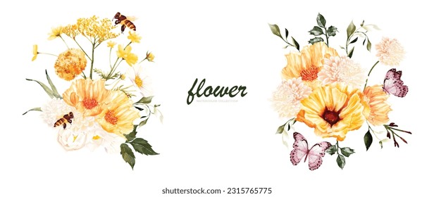 Set of Summer flower bouquet watercolor vector elements design. Botanical watercolor vector collection of flower, leaves, and branches.