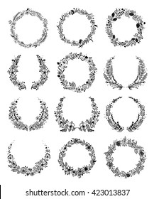 Set of summer flower wreaths isolated on white background for greeting card or wedding invitation. Vector EPS 10.