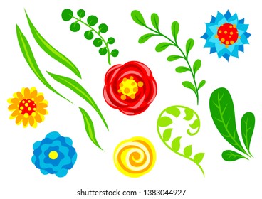Set of summer flowers. Beautiful decorative natural plants, buds and leaves.