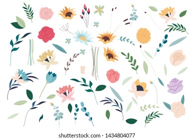 Set of summer flowers. Set of flat Spring flower icons in silhouette isolated on white. Vector floral bouquet design: garden pink peach lavender creamy powder pale Rose wax flower.