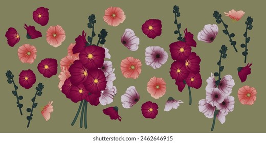 set of summer flowers, mallow clipart, isolated illustrations for design