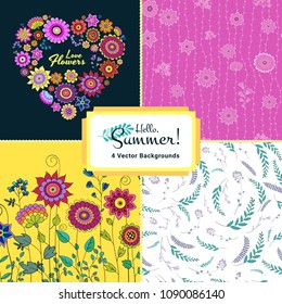 Set of Summer Flowers Seamless Patterns. Endless vector floral illustrations. Useful and cute background for wallpaper, website, textile, greeting cards, wedding invitations, wrapping, printing.