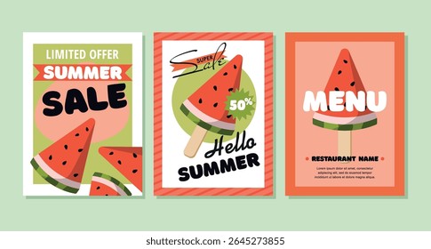 Set Summer flyer templates with watermelon. Summer sale banner, menu poster design.