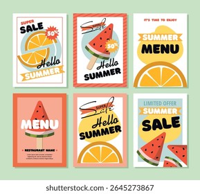 Set Summer flyer templates with watermelon and orange. Summer sale banner, menu poster design.