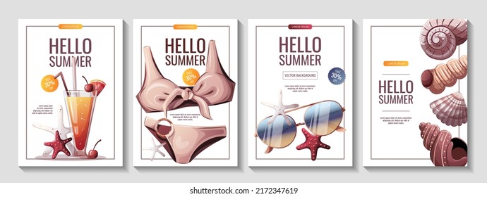 Set of summer flyers for beach Holidays, Summer sale, party concept. Cocktail, bikini, sunglasses, seashells. A4 Vector Illustrations. Banner, flyer, poster, advertising.