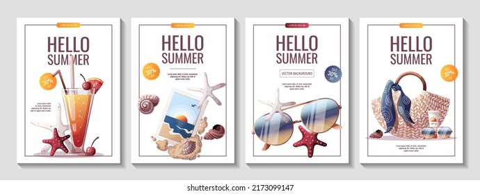 Set of summer flyers for beach Holidays, Summer sale, party concept. A4 Vector Illustrations. Banner, flyer, poster, advertising.