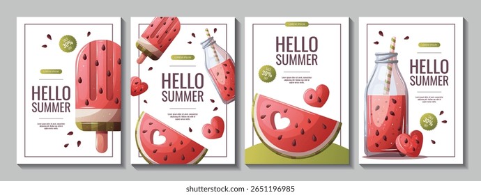 Set of summer flyers with watermelon slice, smoothie, popsicle. Vector illustration for promo, advertising, banner.