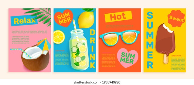 Set of summer flyers,cards with tropical themes.Bright and gentle hot season banners and posters.Coconut,detox, ice cream, sunglasses for advertise.Drinks and sweets template for design,vector.