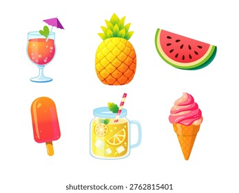 Set of summer food and drinks including pineapple, watermelon, ice cream, popsicle and cocktails in bright flat style