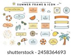 Set of summer frames and icons.
Resort and tropical design with decorative illustrations such as fireworks, blow ups, ribbons, etc.