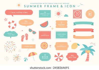 Set of summer frames and icons.
Resort and tropical design with decorative illustrations such as fireworks, blow ups, ribbons, etc.