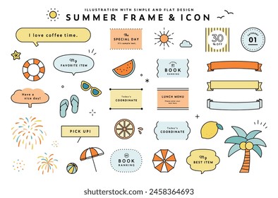 Set of summer frames and icons.
Resort and tropical design with decorative illustrations such as fireworks, blow ups, ribbons, etc.