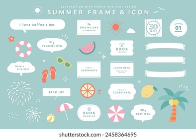 Set of summer frames and icons.
Resort and tropical design with decorative illustrations such as fireworks, blow ups, ribbons, etc.