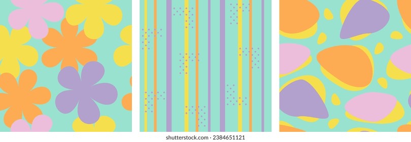 Set of summer fresh color vector seamless pattern. Colorful art abstract bright geometric print. Pastel yellow, pink, purple rose, orange flowers on watery aqua blue background. fabric. Wallpaper.