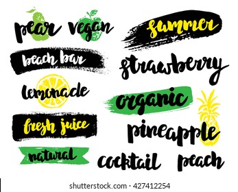 Set of summer fresh juice bar vector illustration with handwritten calligraphy  words and phrases. Cocktail menu lettering.