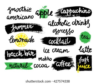 Set of summer fresh juice and coffee bar vector illustration with handwritten calligraphy  words and phrases. Cocktail and coffee menu lettering.